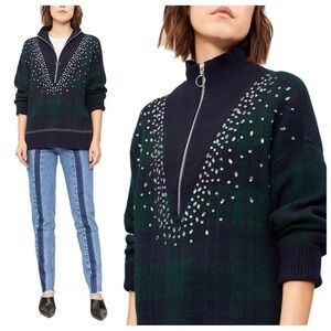 Sandro Paris Patience Plaid Rhinestone Embellished Sweater in Deep Navy, NWT